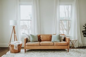 Decorative bolster pillow on a living room sofa