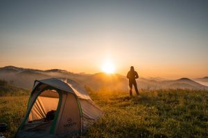 Camping pillow inside a tent for outdoor sleeping comfort