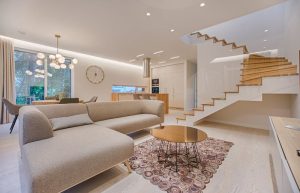 Decorative throw pillows arranged on a modern sofa
